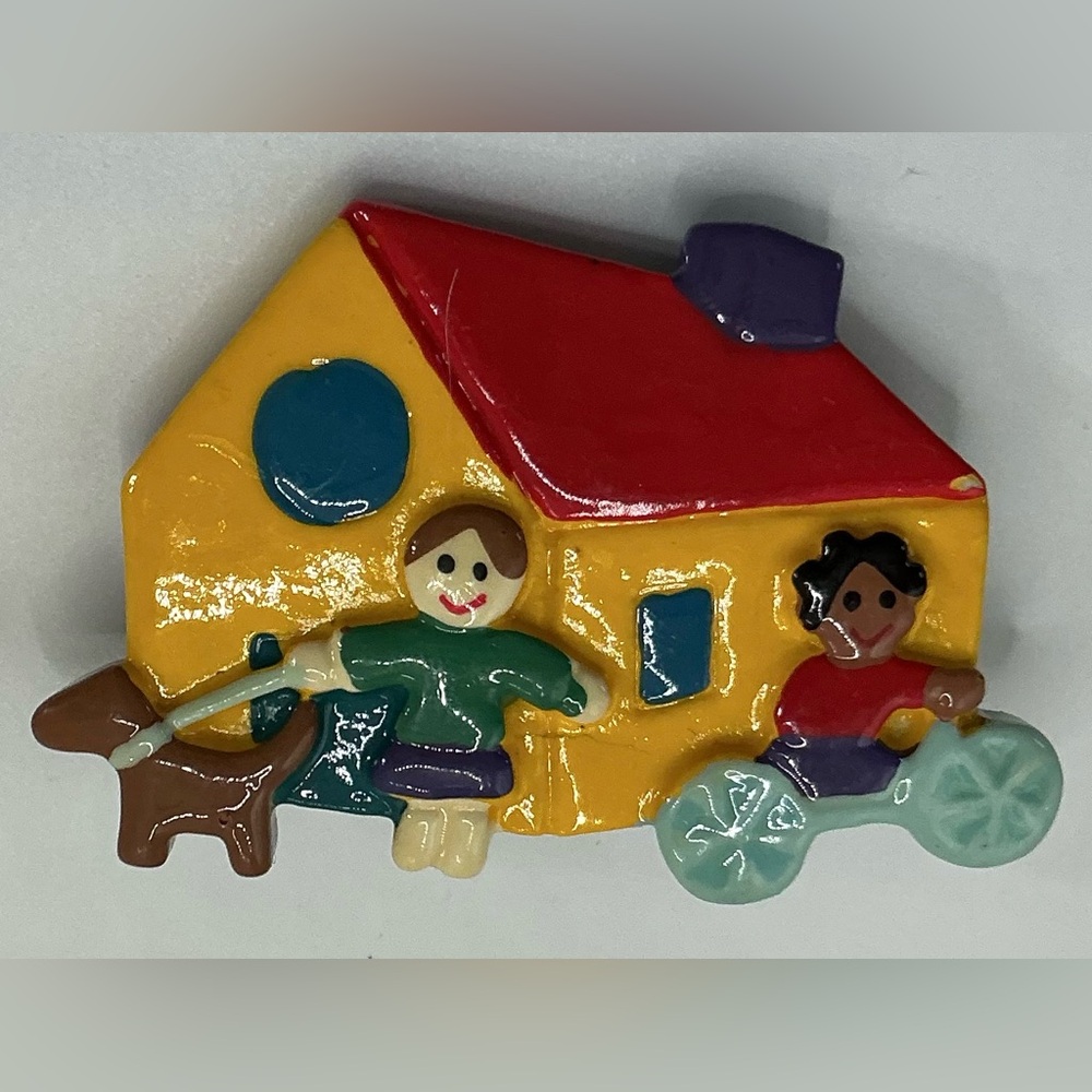 SAVE THE CHILDREN BY EFS COLORFUL CHILDREN DOG PLAYING SCHOOL HOUSE BROOCH
